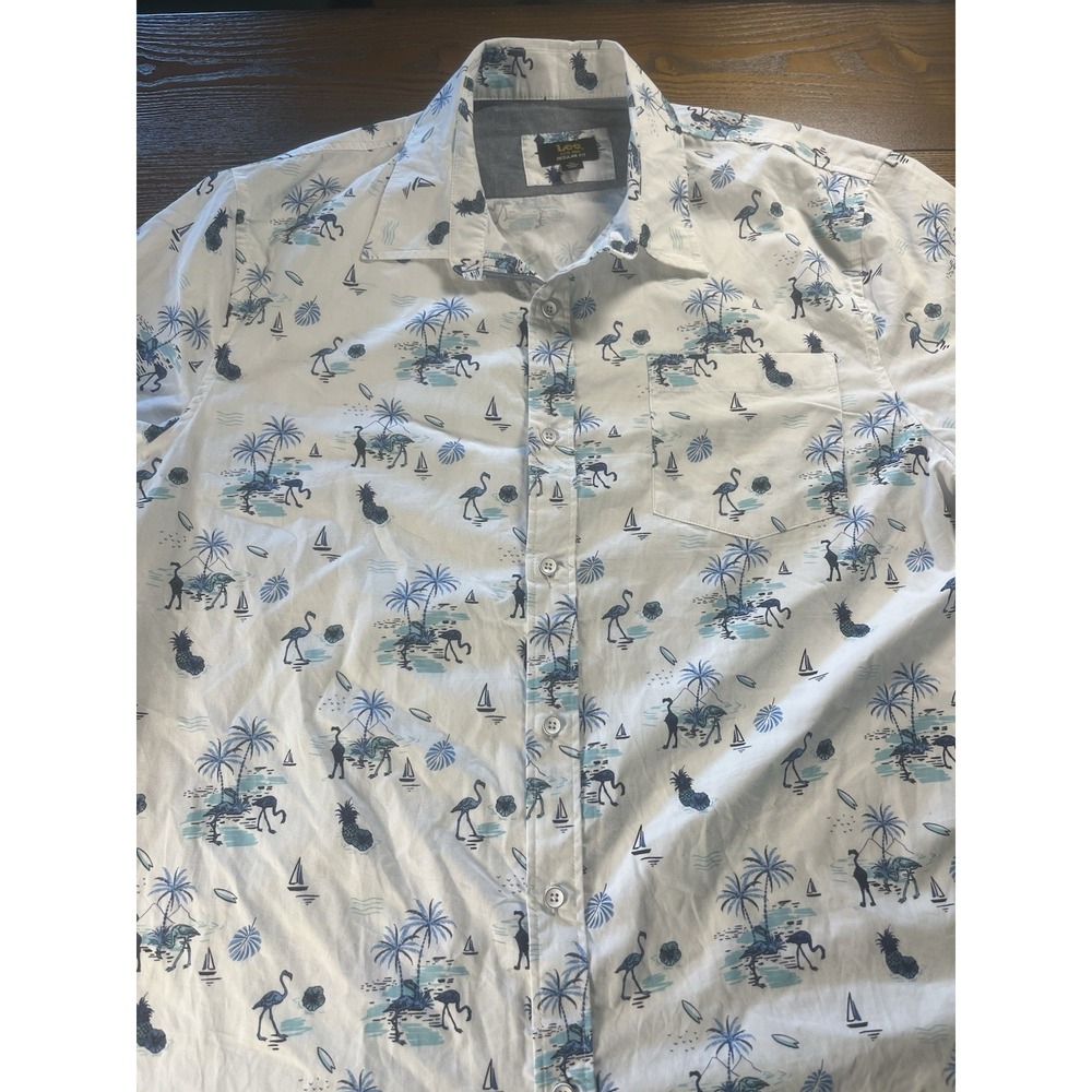 Mens Lee Hawaiian Short Sleeve Button Down Blue And White Shirt XL